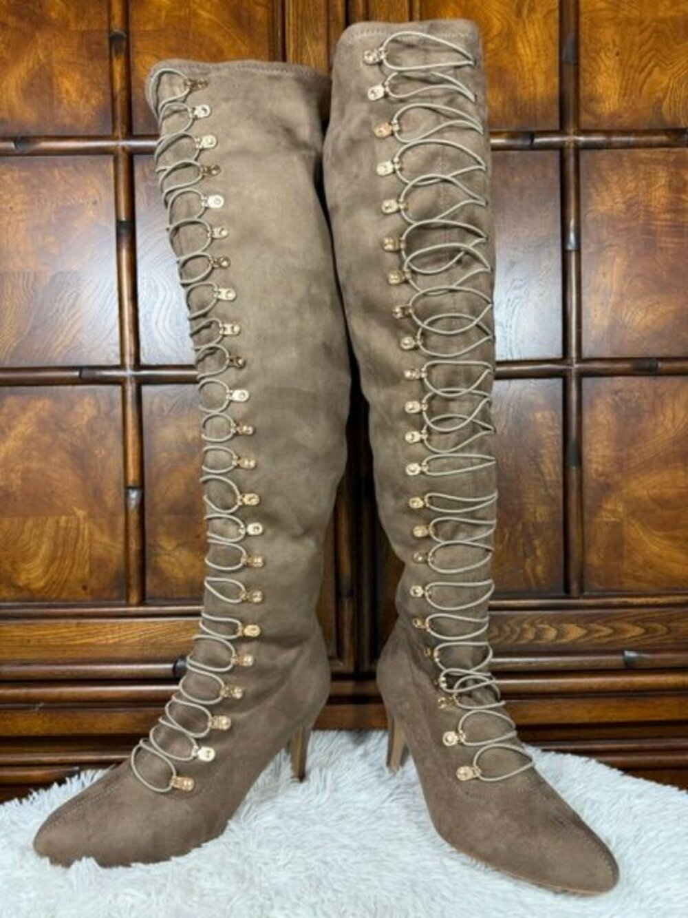 Brinley Co. Taupe Military Cadet Laced Stretch Faux Suede Over the Knee Boot
